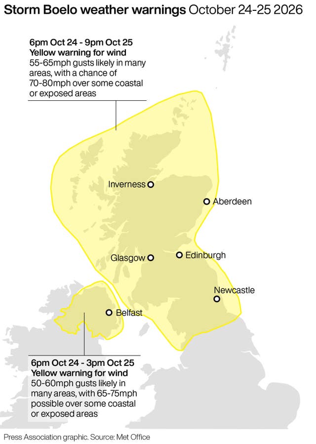 Storm Boelo weather warnings October 24-25 2026