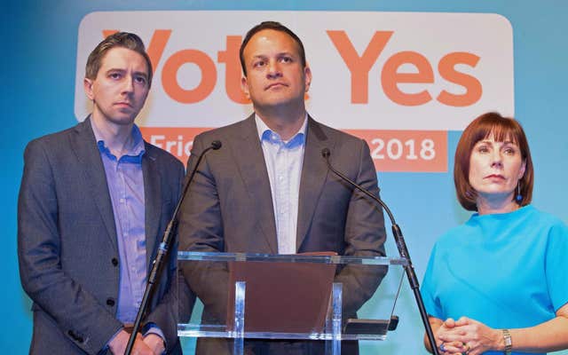 Minister for Health Simon Harris, Taoiseach Leo Varadkar and Fine Gael Campaign Co-ordinator Minister Josepha Madigan (Tom Honan/PA)