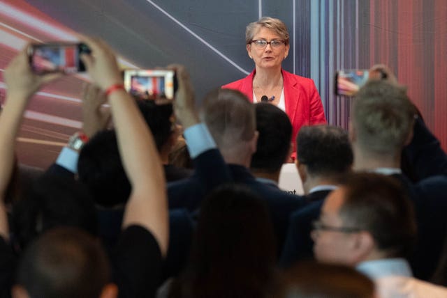 Foreign Secretary Yvette Cooper speaks at a business reception for British and Chinese firms based in Shenzhen