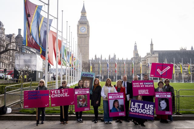 Pro-change campaigners gather outside Parliament in support of the assisted dying Bill