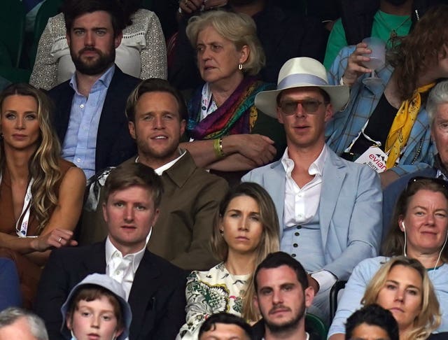 Olly Murs (left) and Benedict Cumberbatch watch play during the Ladies’ singles match between Aryna Sabalenka and Ons Jabeur