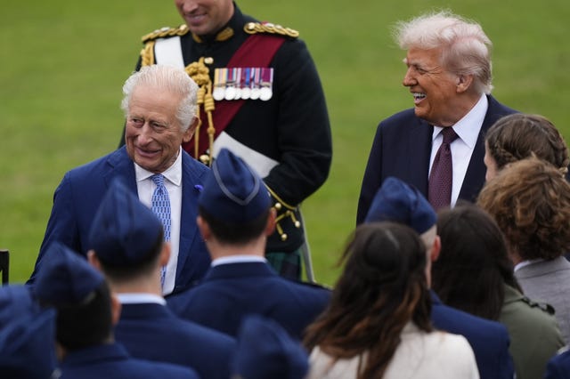 US President Donald Trump and the King following a Beating Retreat military ceremony during the state visit in September