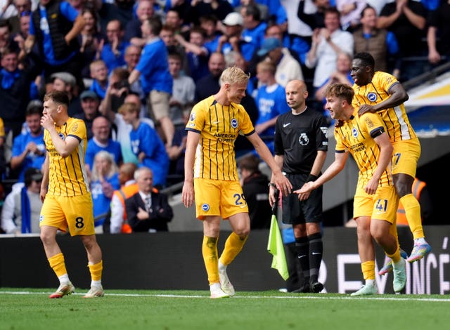 Jack Hinshelwood (second right) celebrates with his team mates after scoring his second goal
