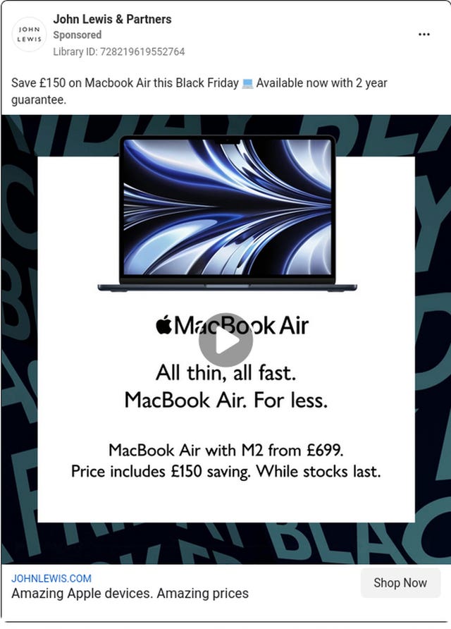 A John Lewis advert for a Macbook Air which has been banned for a ‘misleading’ Black Friday deal