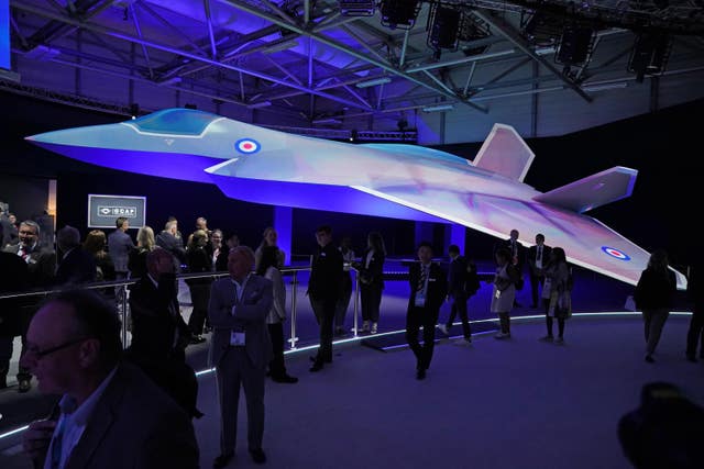 A life-size model of the Global Combat Air Programme stealth fighter on display at the Farnborough International Airshow