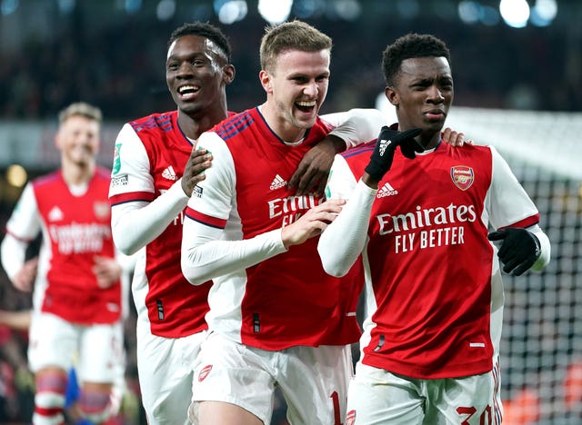 Eddie Nketiah (right) celebrates with his Arsenal team-mates