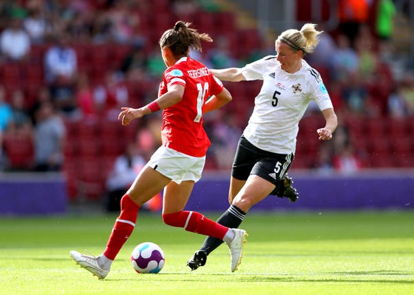 Northern Ireland’s Julie Nelson (right) in action (Kieran Cleeves/PA).