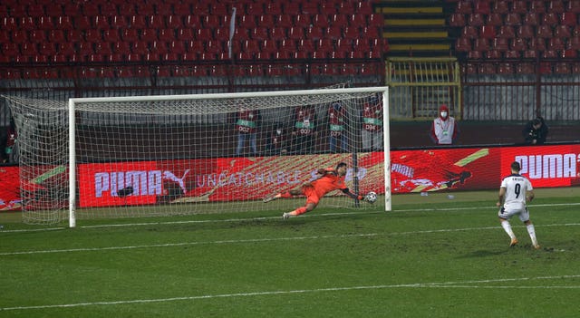 Scotland’s David Marshall saving from Serbia’s Aleksandar Mitrovic