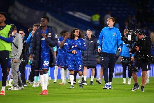 Chelsea’s Marc Cucurella, centre, reacts following his side's home Premier League win against Manchester United