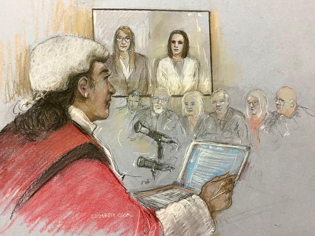 A court artist sketch of Mrs Justice Cheema-Grubb, watched by Harry Dunn’s family, as she passes sentence on Anne Sacoolas (right) at the Old Bailey