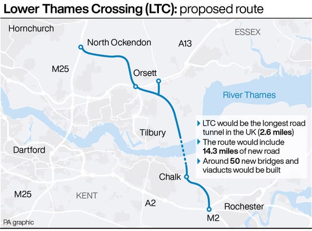 Map showing the proposed route of the Lower Thames Crossing