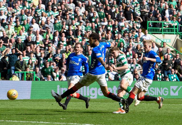 James Forrest, centre right, scores Celtic's winning goal