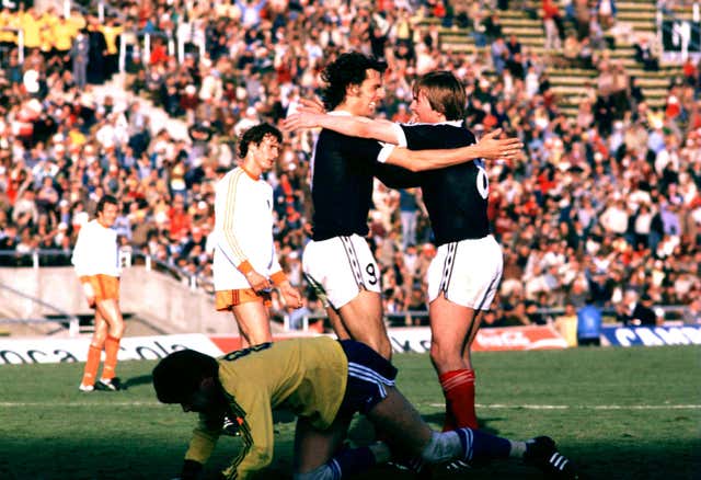 Kenny Dalglish, right, celebrates his goal in Scotland's famous 3-2 win against eventual finalists Holland at the 1978 World Cup. Scotland would exit in the group stage, though