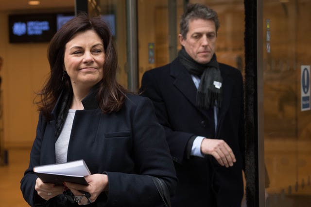 Former Crimewatch presenter Jacqui Hames, pictured with Hugh Grant after they settled phone hacking claims against Mirror Group Newspapers and News Group Newspapers (Stefan Rousseau/PA)