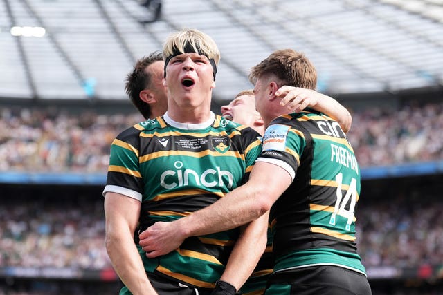 Henry Pollock (centre) and Tommy Freeman (right) celebrate Northampton's win