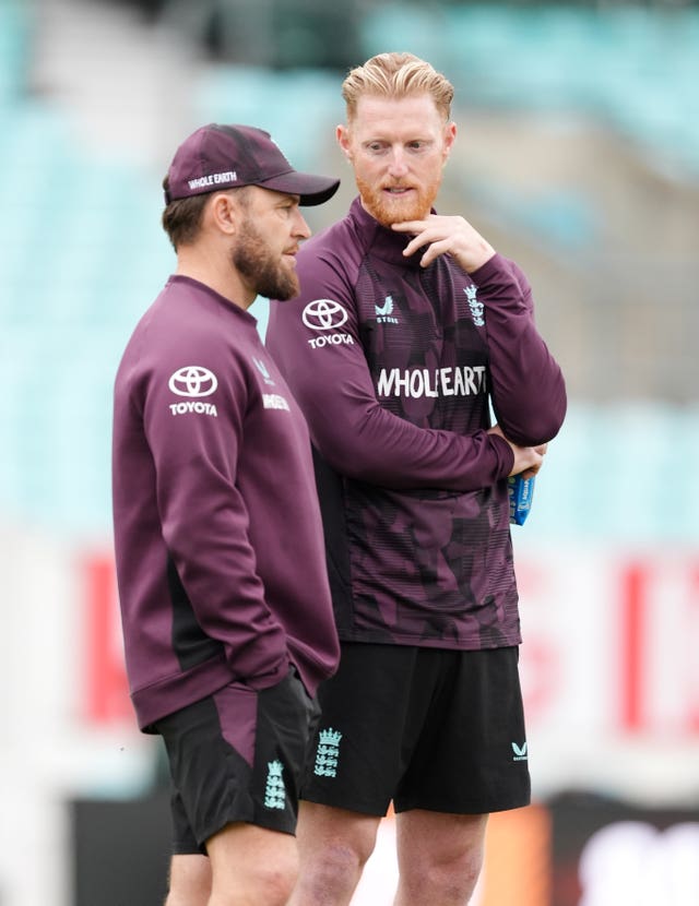 Ben Stokes talks with England head coach Brendon McCullum
