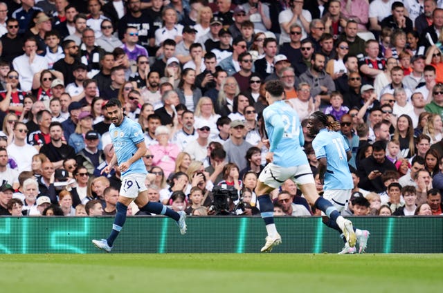 Manchester City’s Ilkay Gundogan celebrates scoring with his team-mates