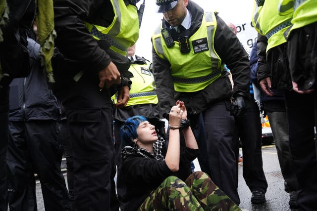 Police removing a person during a pro-Palestine march