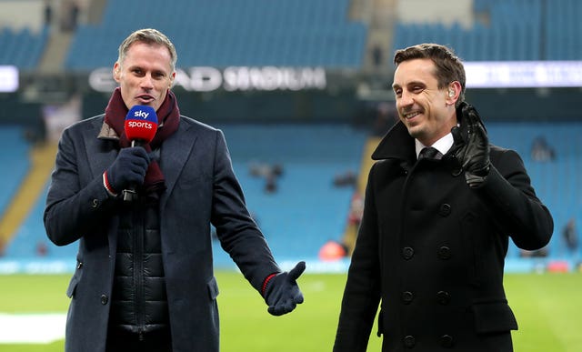 Jamie Carragher and Gary Neville working as Sky Sports football pundits 