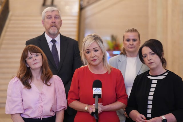 (left to right) Economy Minister Caoimhe Archibald, Finance Minister John O’Dowd, Stormont First Minister Michelle O’Neill, Junior Minister (Executive Office) Aisling Reilly and Infrastructure Minister Liz Kimmins during a press conference in the Great Hall in Stormont, Belfast