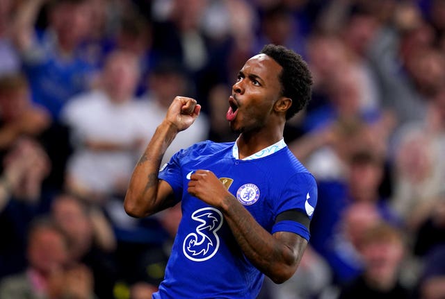 Raheem Sterling celebrates scoring the first goal of Graham Potter's reign