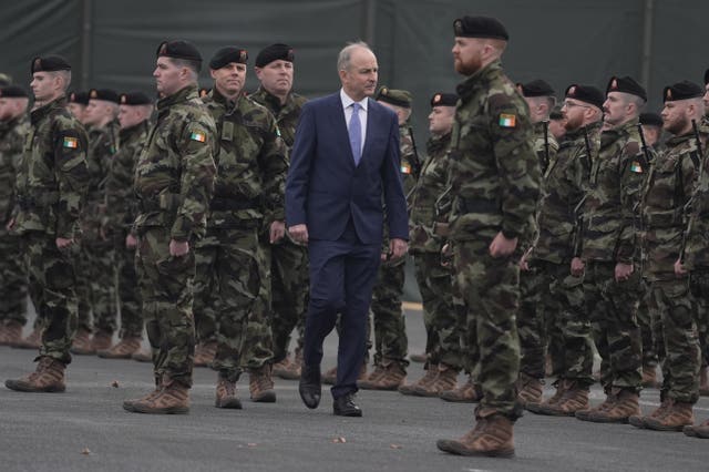 Tanaiste Micheal Martin during a review of the men and women of the 125th Infantry Battalion at Custume Barracks, Athlone ahead of their six-month deployment to south Lebanon