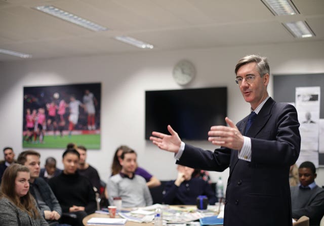 Conservative MP Jacob Rees-Mogg speaking to postgraduate journalism diploma students at the Press Association in central London. (Yui Mok/PA)