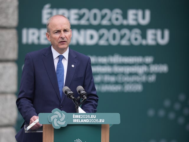 Micheál Martin speaking from a lectern in front of Ireland EU presidency signage