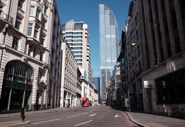 An empty Gracechurch Street in the City of London, the day after Prime Minister Boris Johnson put the UK in lockdown to help curb the spread of the coronavirus