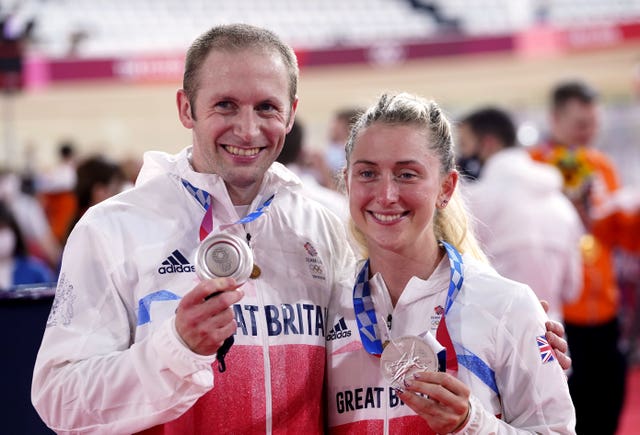 Great Britain’s Laura Kenny and Jason Kenny won silver medals in the team pursuit and team sprint respectively
