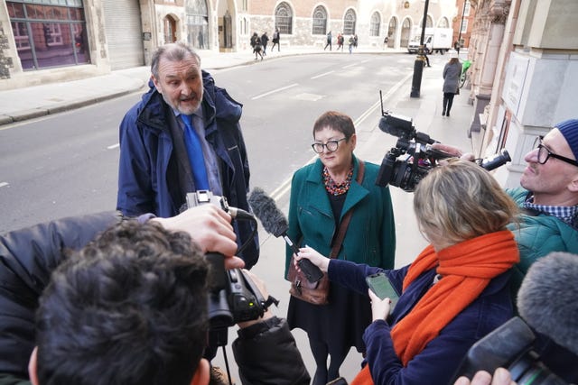 NEU joint general secretaries Kevin Courtney (left) and Mary Bousted, speak to the media outside the Department for Education in London