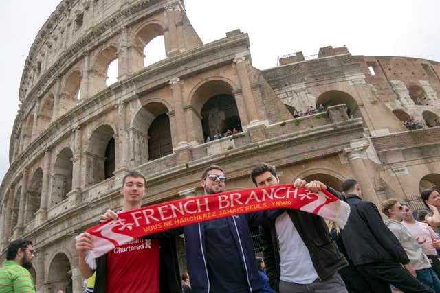 Liverpool FC fans at the Colosseum in Rome (Steve Parsons/PA)