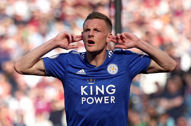 Leicester's Jamie Vardy celebrates after scoring at West Ham