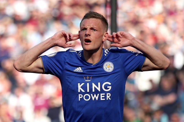 Leicester's Jamie Vardy celebrates after scoring at West Ham