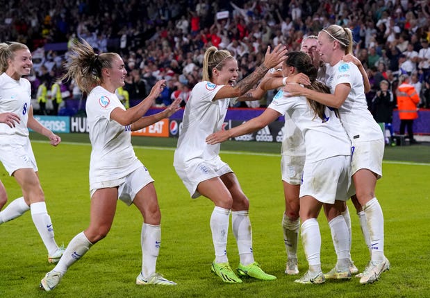 England players celebrate Fran Kirby's goal during the semi-final win over Sweden