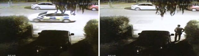 Charlie Pearce hiding behind a car, left, and looking out from a driveway near Leicester's Victoria Park after the attack (Leicestershire Police/PA)