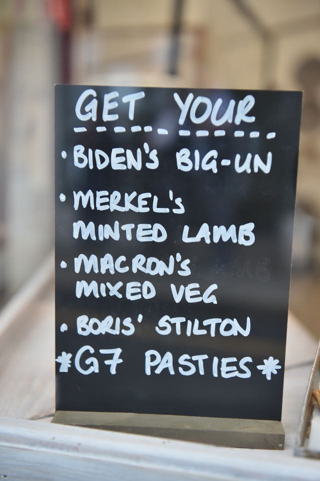 G7 Pasty Menu in the window of Pengenna Pasties in St Ives during the G7 summit in Cornwall 