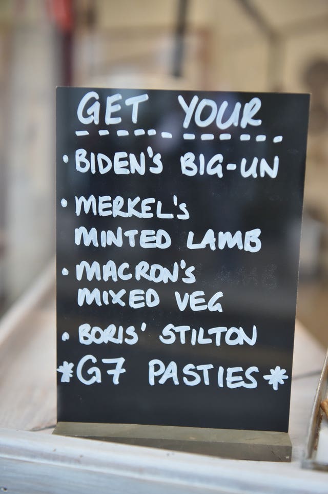 G7 Pasty Menu in the window of Pengenna Pasties in St Ives during the G7 summit in Cornwall