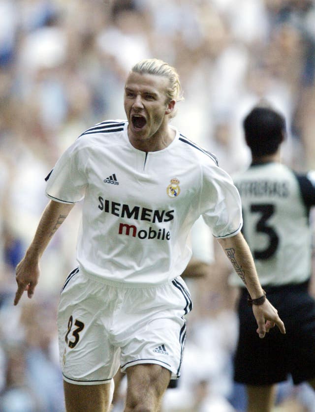 David Beckham celebrates scoring a goal for Real Madrid