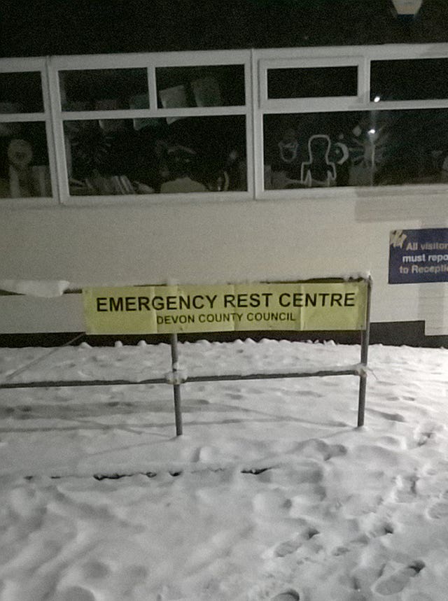 The Emergency Rest Centre in at Okehampton College at the north side of Dartmoor where motorists stuck due to the weather on the A30 were moved to (Richard White/PA)