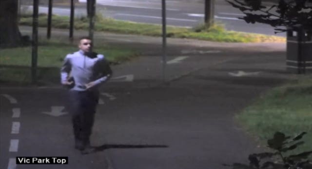 Charlie John Pearce running through Leicester's Victoria Park before he tried to bludgeon a woman to death with a paving slab (Leicestershire Police/PA)