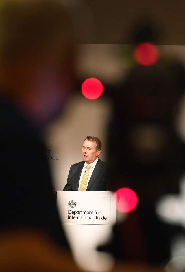 International Trade Secretary Liam Fox speaking at the Royal Society in London where he set out UK’s top targets for trade deals (John Stillwell/PA)