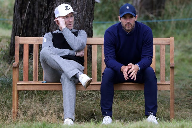 Another famous name from the world of music, Ronan Keating, waiting to get under way on 10th tee alongside former football Jamie Redknapp