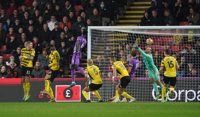 There was also a stoppage-time winner for Tottenham as Davinson Sanchez's header saw them triumph 1-0 at Watford (Adam Davy/PA).
