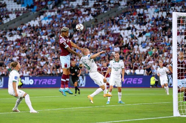 Gianluca Scamacca heads in his first West Ham goal