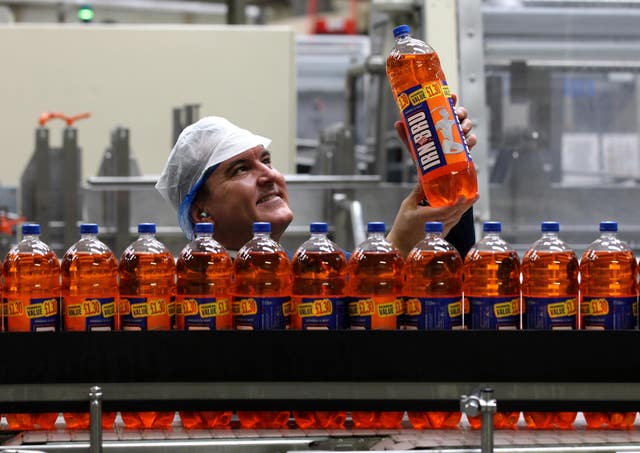 Bottles of Irn Bru in the production hall at AG Barr’s Irn Bru factory in Cumbernauld (Andrew Milligan/PA)