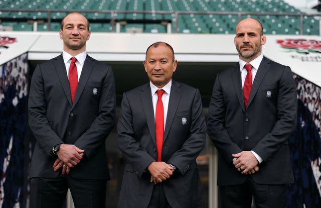 England head coach Eddie Jones, centre, last week played down reports regarding Paul Gustard, right