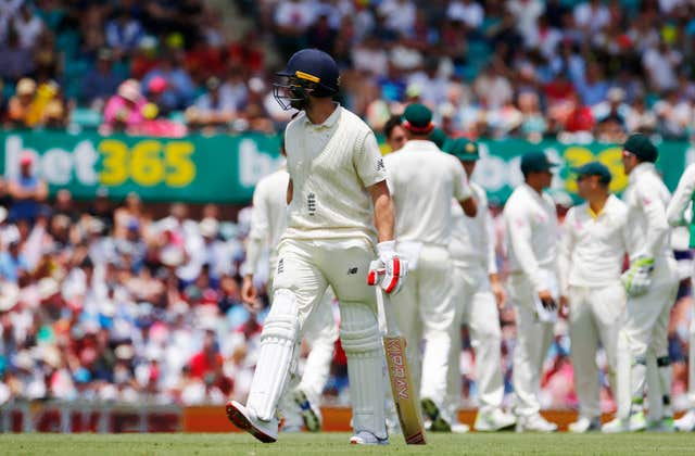 England’s Mark Stoneman walks off after being dismissed during day one of the Ashes Test match at Sydney Cricket Ground (Jason O'Brien/PA)