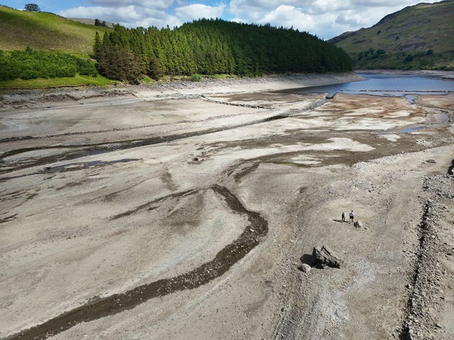 A view of low water levels at Haweswater reservoir in the valley of Mardale, Cumbria