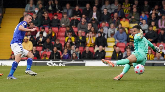 Leicester City’s Jamie Vardy scores his sides fourth goal of the game during the Premier League match at Vicarage Road, Watford. Picture date: Sunday May 15, 2022